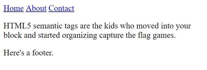 Displayed HTML with HTML5 semantic tags.